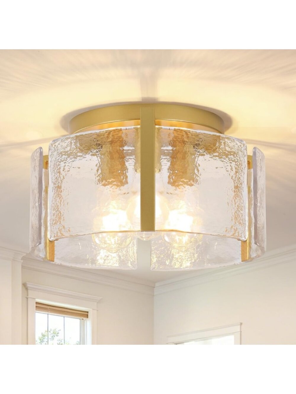 Stylish 15" Gold Semi Flush Mount Ceiling Light - 3-Light Drum Design, Dimmable